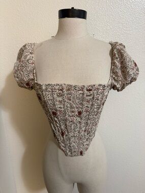 Floral Puff Sleeve Square Neck Corset Top - Cream with Red Accent